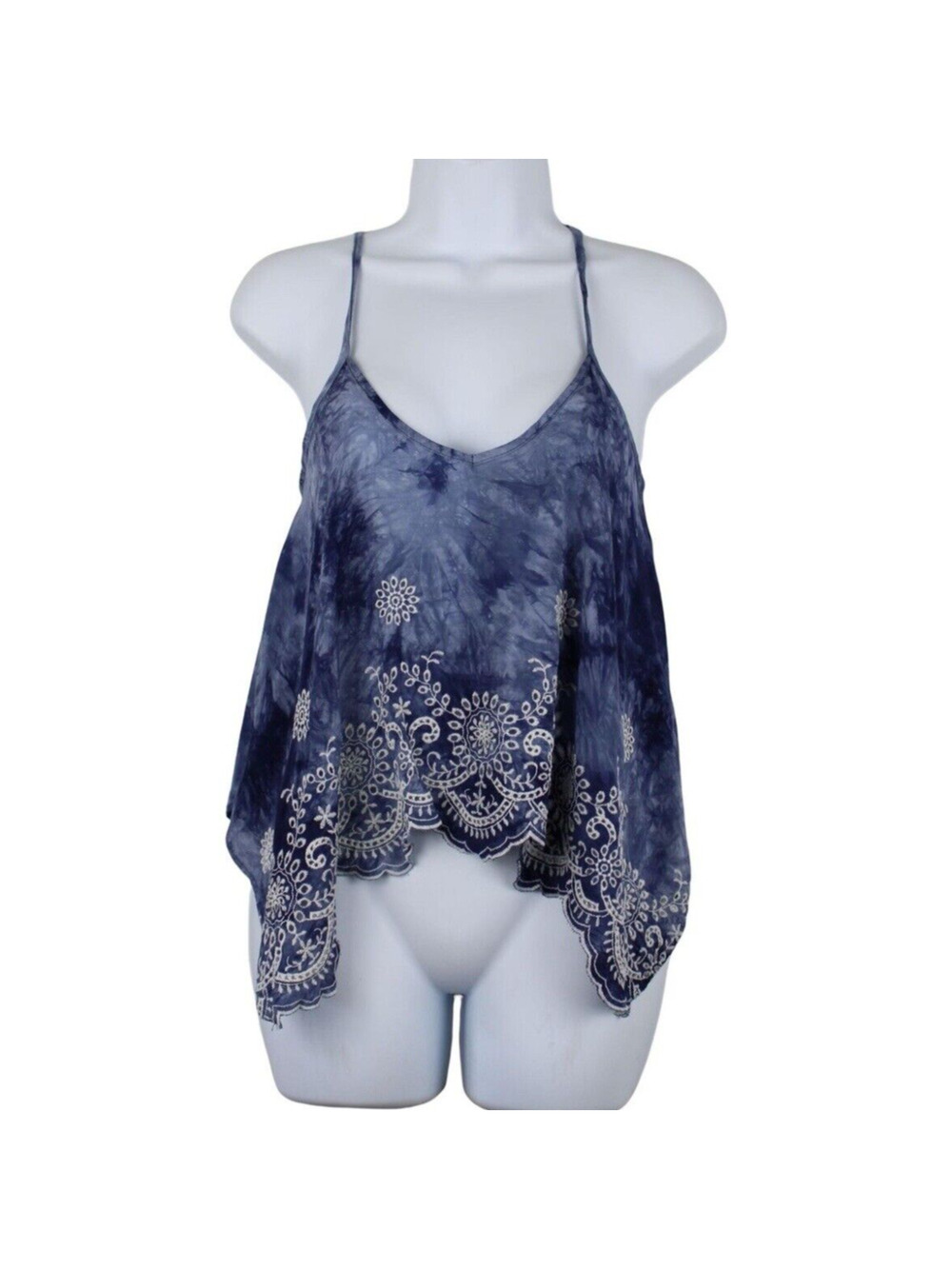 Women's Blue Tie Dye Cropped Top Eyelet Detail Spaghetti Straps Size M